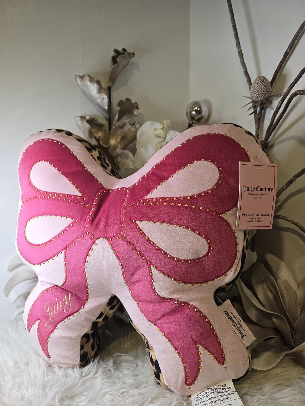 Juicy Couture Hot pink bow leopard pillow New